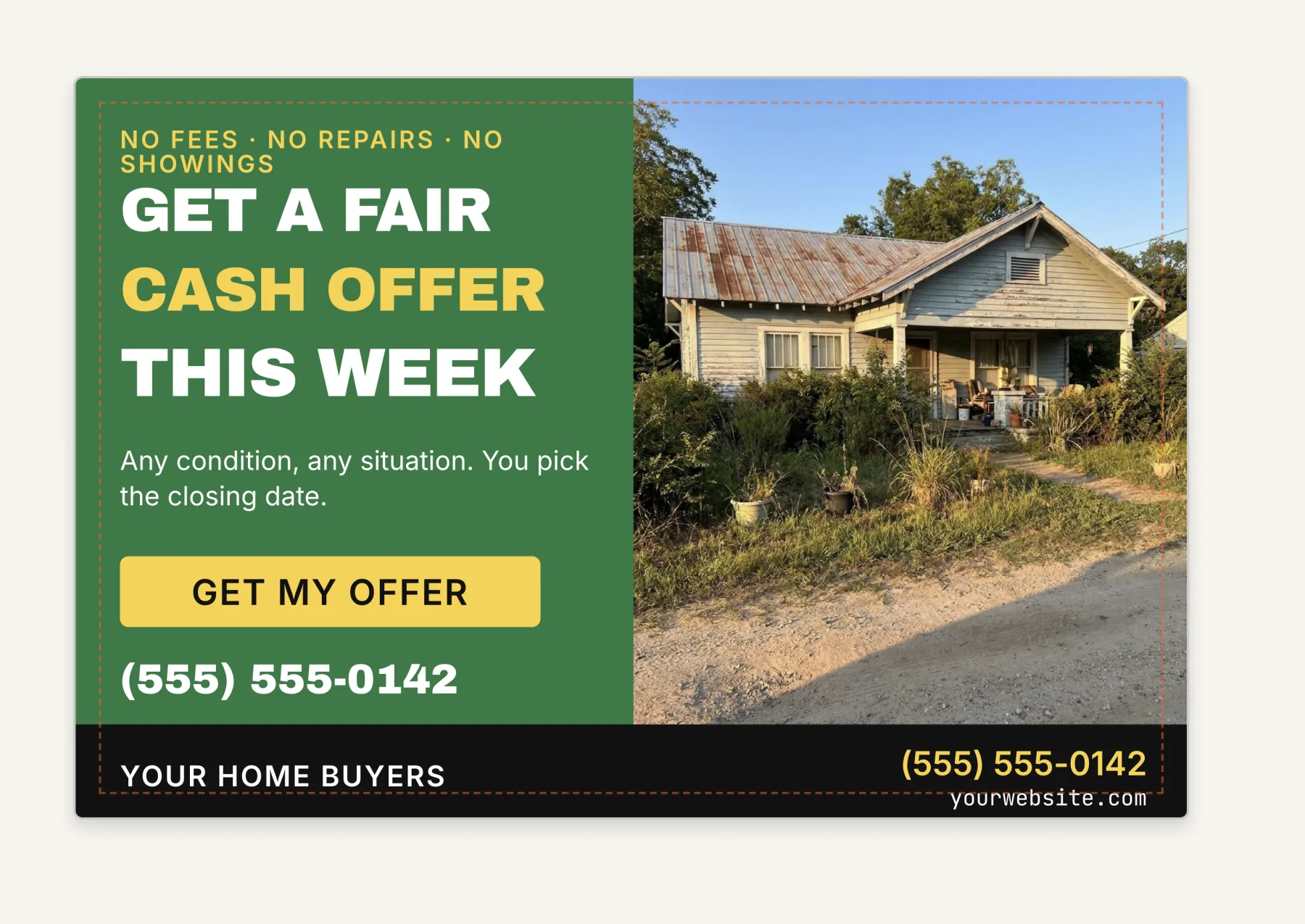 Real-estate cash-offer postcard demonstration with generic placeholder contact details
