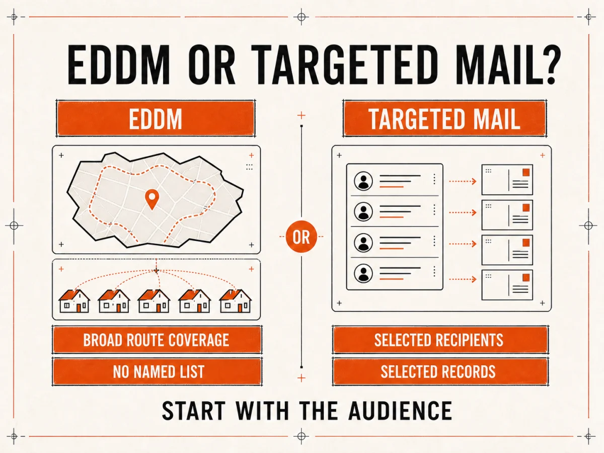 Decision guide comparing EDDM carrier-route coverage without a named list with targeted mail for selected recipient records