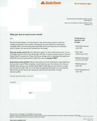 Auto Insurance direct mail example: State Farm local-agent quote letter. Plain outer envelope, local-agent quote letter, price or discount language, and one shopping response.
