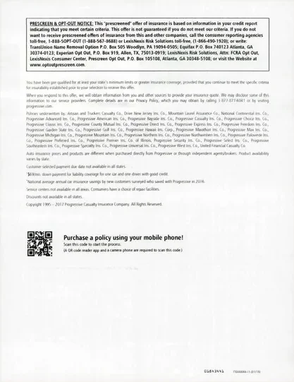 Auto Insurance direct mail example: Progressive modular savings package. Blue modular package, people-led savings letter, price panel, terms pages, and phone response.