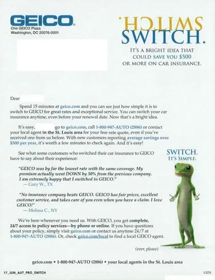Auto Insurance direct mail example: GEICO simple-switch letter. White envelope, switch-and-save letter, gecko device, and web response.
