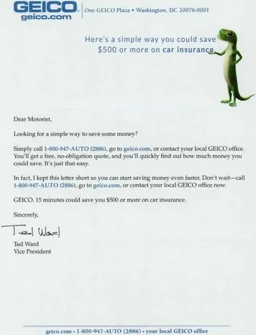 Auto Insurance direct mail example: GEICO savings-and-QR response package. Savings envelope, large offer headline, gecko letter, QR or web response, and supporting insert.