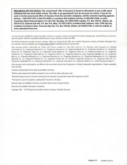 Auto Insurance direct mail example: Progressive savings letter with proof panel. Blue offer package, savings comparison panel, people-led letter, terms insert, and phone response.