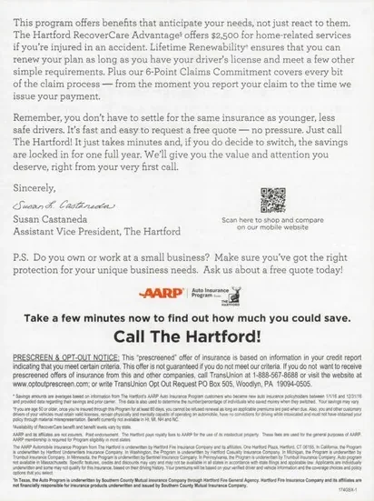 Auto Insurance direct mail example: Hartford experienced-driver offer. Orange affinity envelope, experienced-driver offer letter, AARP proof panel, and quote response.