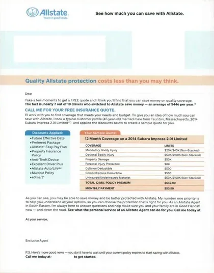 Auto Insurance direct mail example: Allstate coverage-comparison letter. Quality-and-coverage package, comparison table, proof copy, and phone response.