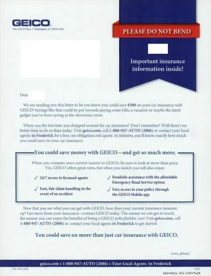 Auto Insurance direct mail example: GEICO blue-and-red response package. Blue-and-red response device, personalized letter, terms panel, and web response.