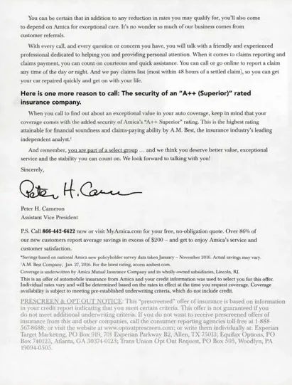 Auto Insurance direct mail example: Amica personal-auto quote letter. Green-and-black personal-auto package, coverage and price detail, service proof, and phone response.
