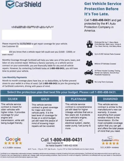 Extended service plans direct mail example: CarShield protection-tier grid. Branded letter, vehicle-service claim, four plan tiers, and phone response.