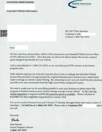 Extended service plans direct mail example: Vehicle Assurance coverage-information package. Window envelope, explanatory letter, coverage-information form, and response instructions.