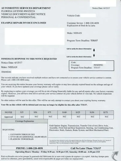 Extended service plans direct mail example: Endurance repair-examples package. Application-style letter, vehicle details, repair-cost examples, and coverage terms.