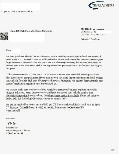 Extended service plans direct mail example: Vehicle Assurance coverage letter. Coverage-information letter, one response path, and a separate coverage form.