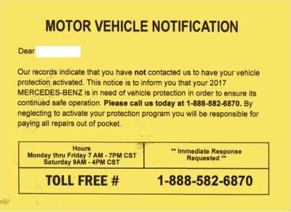 Extended service plans direct mail example: Color vehicle-notification postcard. Bright postcard, vehicle record details, short deadline, and large toll-free number.