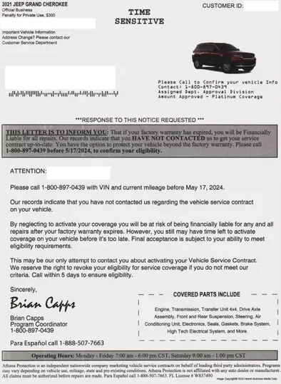 Extended service plans direct mail example: Vehicle approval-number letter. Vehicle image, time-sensitive approval details, phone action, and coverage limits.