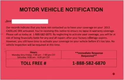 Extended service plans direct mail example: Red vehicle-service division notice. Red notification card, named vehicle, expiration date, and immediate phone response.
