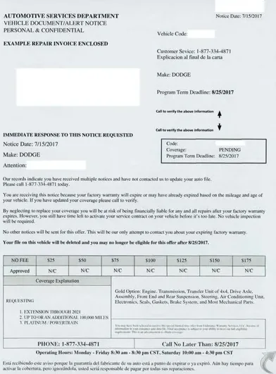 Extended service plans direct mail example: Endurance repair-cost example package. Vehicle information form, repair-cost table, examples page, and reply instructions.