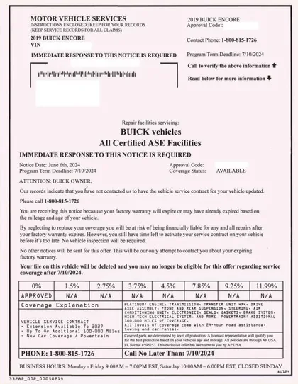 Extended service plans direct mail example: Make-specific service activation notice. Make-specific heading, response deadline, coverage table, and activation phone number.