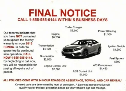 Extended service plans direct mail example: Final-notice repair-cost postcard. Final-notice headline, vehicle image, repair-cost examples, and call-now action.