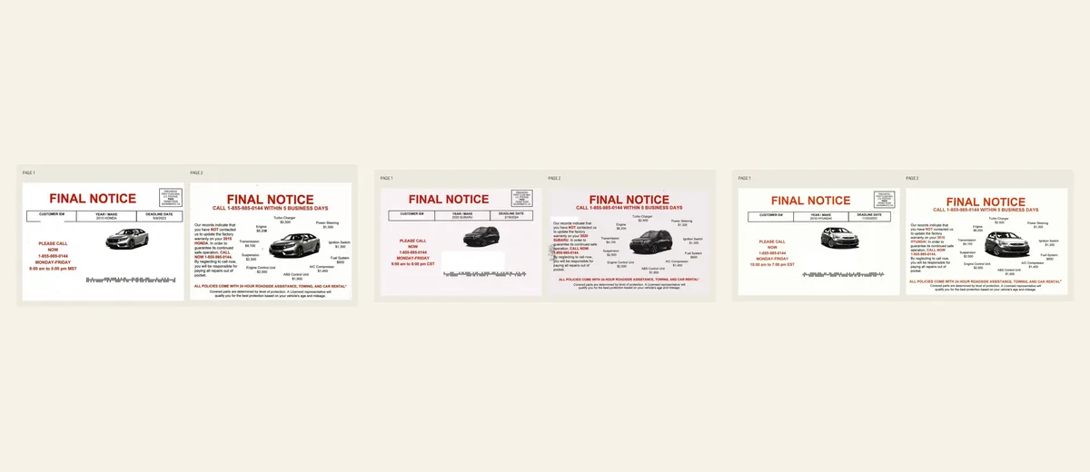 Examples of Final-notice repair-cost postcard