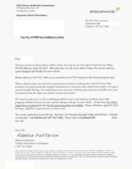 Extended service plans direct mail example: Endurance important-open-immediately letter. Plain outer envelope, sparse urgency device, personalized letter, and phone response.
