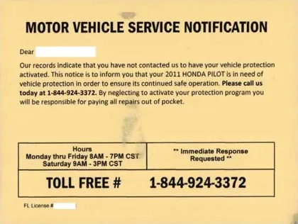 Extended service plans direct mail example: Bright motor-vehicle service notification. High-color vehicle notice, record details, response deadline, and toll-free number.