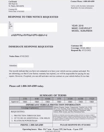 Extended service plans direct mail example: CarShield summary-of-terms letter. Plain envelope, short response letter, and a dense coverage and term summary.