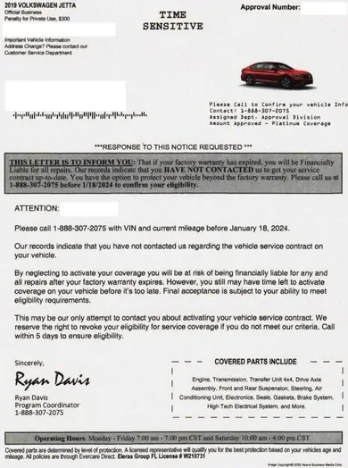 Extended service plans direct mail example: Vehicle-specific time-sensitive notice. Vehicle image, time-sensitive heading, coverage warning, and approval number.