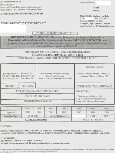 Extended service plans direct mail example: Final-notice coverage-table letter. Final-notice envelope, urgent response copy, coverage table, and dense terms.