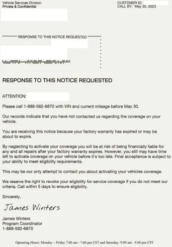 Extended service plans direct mail example: Vehicle-image response notice. Plain envelope, vehicle image, response-request letter, and phone deadline.