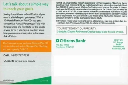Checking accounts direct mail example: Citizens Bank certificate-of-deposit self-mailer. Green folded self-mailer, large APY panel, certificate-of-deposit details, and branch or phone response.