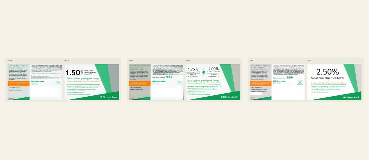 Examples of Citizens Bank certificate-of-deposit self-mailer