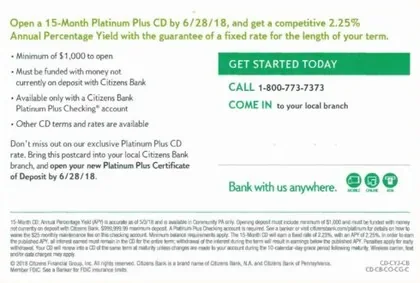 Checking accounts direct mail example: Citizens Bank rate-led certificate-of-deposit package. Green and white rate card, certificate-of-deposit terms, eligibility copy, and call or branch response.