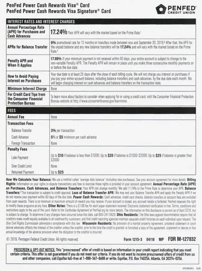 Checking accounts direct mail example: Pentagon Federal Credit Union rate-and-terms package. Long rate-led envelope package, account offer, qualification details, and dense terms pages.