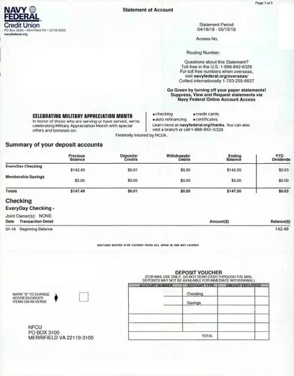 Checking accounts direct mail example: Navy Federal Credit Union multi-page checking offer. Blue-and-white envelope package, account-rate offer, qualification copy, and phone response.