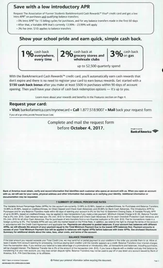 Checking accounts direct mail example: Bank of America account-opening and fee explainer. Pale green account package, fee and rate explanation, qualification details, and multi-page terms.