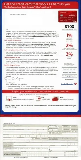 Checking accounts direct mail example: Bank of America red account-offer package. Red-led checking offer, rate comparison, application details, and response form.