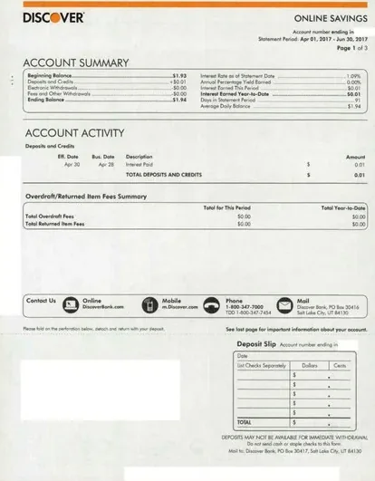 Savings accounts direct mail example: Discover savings account statement package. Statement-like savings package, account summary, activity detail, and contact instructions.