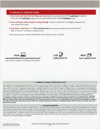 Checking accounts direct mail example: Bank of America extended checking terms package. Extended red-and-white checking package, account-opening explanation, rate detail, and dense terms pages.