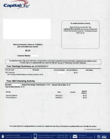 Checking accounts direct mail example: Capital One paperless checking package. Paperless-account envelope, account summary, fee detail, and online enrollment path.