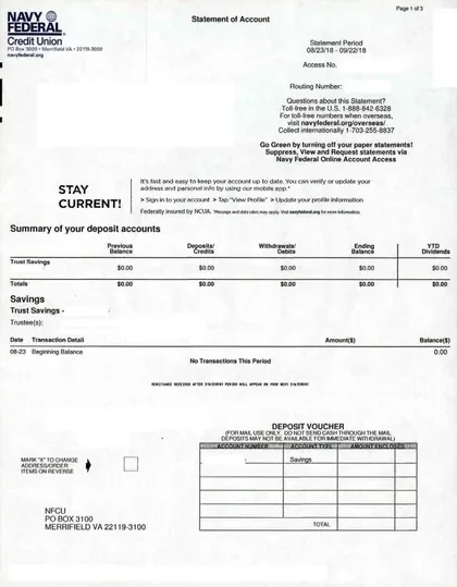 Savings accounts direct mail example: Navy Federal Credit Union savings offer package. Credit-union savings package, rate and account details, qualification copy, and phone response.
