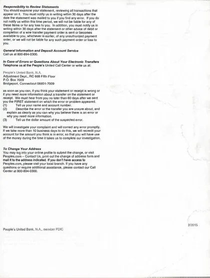 Savings accounts direct mail example: People's United Bank paperless savings package. Savings statement package, branded envelope, account summary, and paperless-service message.