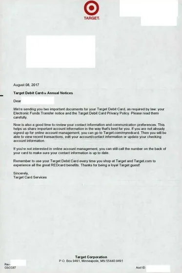 Debit cards direct mail example: Target National Bank debit-card package. Red retail-branded debit-card package, card information, account terms, and support instructions.
