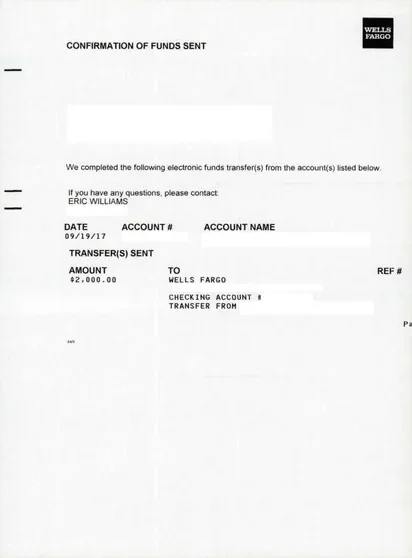 Checking accounts direct mail example: Wells Fargo account-transfer notice. Neutral transfer notice, account details, identity-verification language, and a service response path.