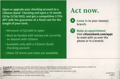 Checking accounts direct mail example: Citizens Bank modern certificate-of-deposit offer. Modern green certificate-of-deposit mailer, prominent rate panel, account terms, and branch or web response.