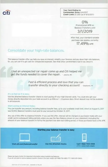 Credit Cards direct mail example: Citibank rate-led offer package. Teal envelope, rate-led offer letter, comparison table, terms pages, and web response.