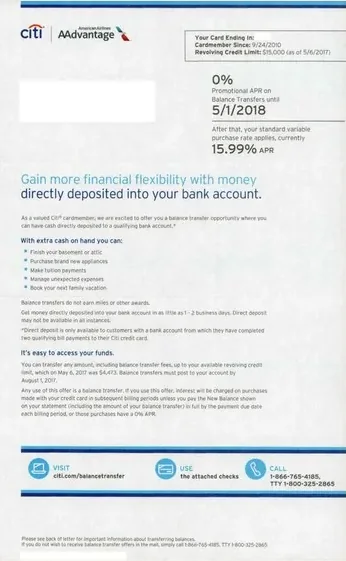 Credit Cards direct mail example: Citibank rate-and-benefit package. Blue Citi envelope, rate table, benefit message, terms page, and web response.