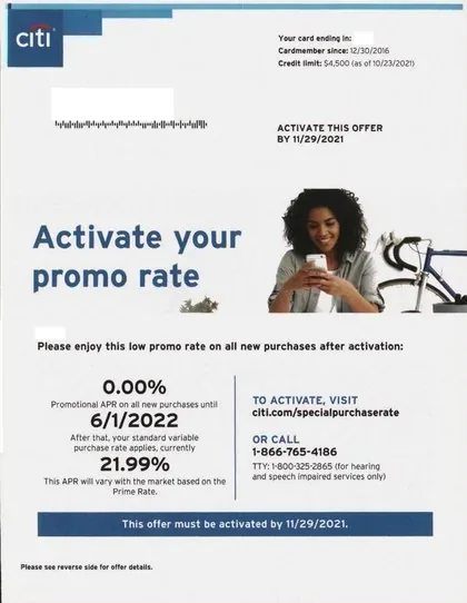 Credit Cards direct mail example: Citibank promotional-rate activation package. Blue-and-white activation package, promotional-rate message, product visual, rate details, and QR response.