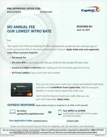 Credit Cards direct mail example: Capital One pre-approved offer package. Dark-and-white pre-approved offer, no-annual-fee or rate message, application steps, and web response.
