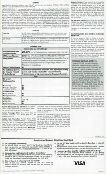 Credit Cards direct mail example: Merrick Bank card application package. Card offer envelope, Visa product panel, application form, payment details, and dense terms insert.