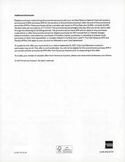 Credit Cards direct mail example: American Express pre-selected offer package. Blue-and-white pre-selected offer, approval message, product and rate details, and terms page.