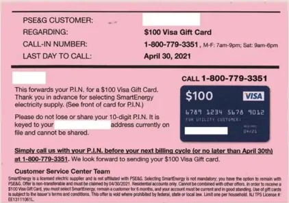 Electricity service direct mail example: SmartEnergy coral gift-card offer. Coral utility offer package, prominent gift-card incentive, activation instructions, and phone response.